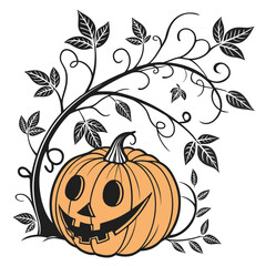 Spooky jack o lantern pumpkin with autumn vines and leaves halloween art isolated on transparent background