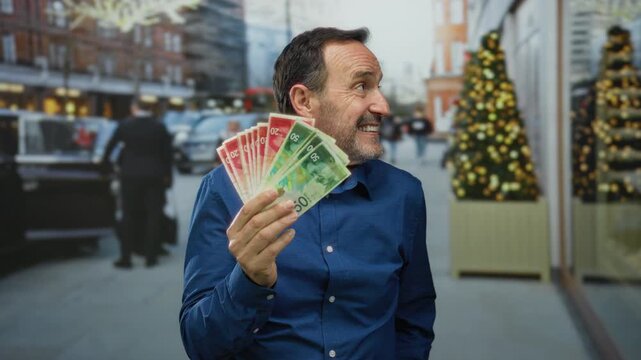 Man holding israeli shekel banknotes, standing in an urban city street with festive decorations, expressing happiness outdoors.