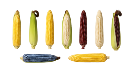 Various colorful corn cobs including yellow, white, red, and blue varieties isolated on black background, perfect for agricultural and food industry themes
