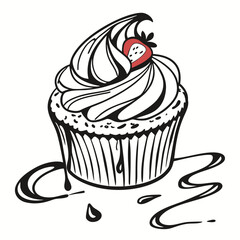 Hand drawn sketch of a delicious cupcake with frosting and strawberry topping isolated on transparent background