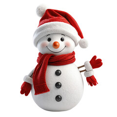 Animated snowman wearing a red hat, scarf, and mittens, smiling