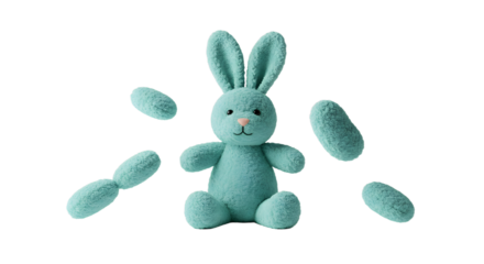 BABY TOYS - Cute blue plush bunny toy with detached limbs isolated on black background, perfect for children's toys and stuffed animal collections