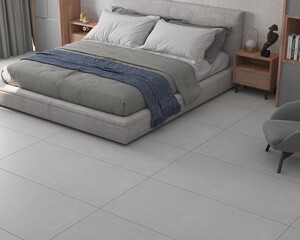 Beautiful bedroom interior with wooden and ceramic decor, glossy quartz bed side walled, furniture decor and soft neutral palette, sun rises through window. 3D Illustrations. 3D Rendering