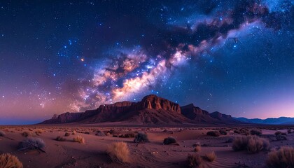 Obraz premium A desert landscape under a vibrant Milky Way, with stars, rock formations, and brush under a beautiful night sky