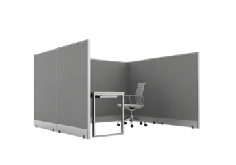 3d illustration of modern office cubicle with a desk and chair, isolated on transparent background on transparent background