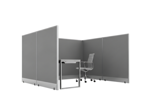 3d illustration of modern office cubicle with a desk and chair, isolated on transparent background on transparent background