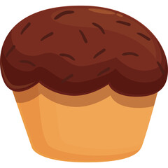 Simple illustration of a chocolate muffin with brown frosting and sprinkles on a transparent background