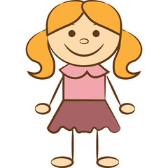 Simple Cartoon Drawing of a Happy Young Girl with Orange Pigtails and Pink Dress Standing Isolated on a White Background Full Body View