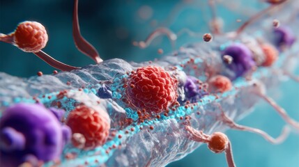 Animation of lithium ions passing through the cell membrane, in a scientific educational poster style. A healthy neuron cell is shown in the center. 