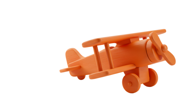 BABY TOYS - Orange wooden toy airplane with propeller and wheels on white background, perfect for children?s play or vintage decor