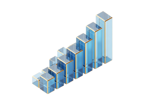 3d illustration of a rising bar graph made of blue glass and gold trim, symbolizing growth and success, isolated on transparent background on transparent background