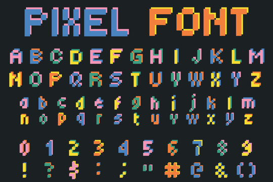 Pixel font with set of uppercase and lowercase alphabetical letters. Colorful pixelated numbers and symbols
