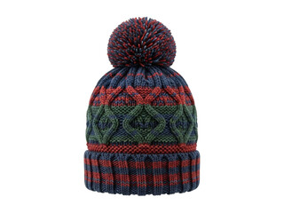 Multicolor Cable Knit Beanie Hat with Pom-Pom Isolated on Transparent Background