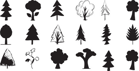 Collection of Diverse Black Silhouette Tree Icons and Illustrations