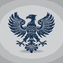 Obraz premium Majestic heraldic eagle emblem with spread wings, stylized bird of prey insignia, strong classic crest design on gray background