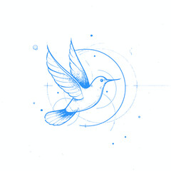 Obraz premium Elegant blue line art hummingbird in flight with geometric cosmic circles, minimalist hand-drawn vector illustration, freedom concept.