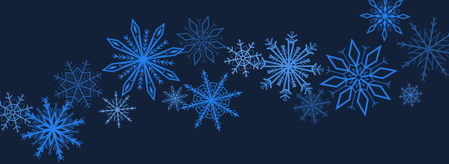Decorative blue snowflakes arranged in a curved garland on a dark background. Winter composition perfect for Christmas cards, invitations, banners, and holiday design. Vector illustration