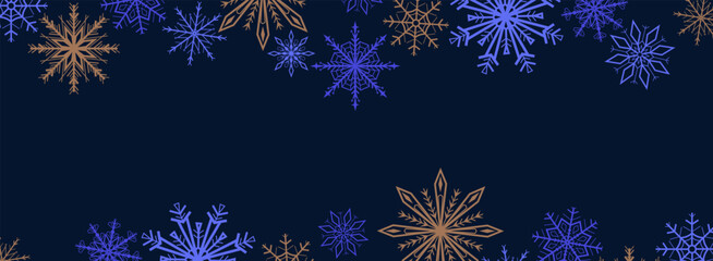 Blue and golden snowflakes forming a decorative frame on a dark background. Elegant winter border perfect for Christmas cards, invitations, posters, and holiday designs. Vector illustration