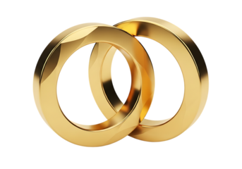 3d illustration of two interlocking gold rings, representing marriage, commitment, and eternal love, isolated on transparent background on transparent background