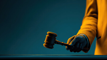 Justice and equality legal concept shown by person using gavel on digital auction platform