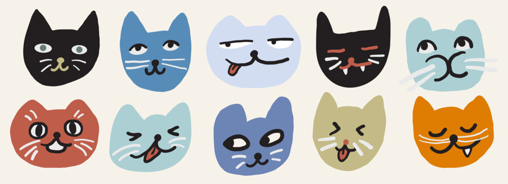 colored set of cat's heads in hand drawn style in vector. illustration for website sticker mascot poster.