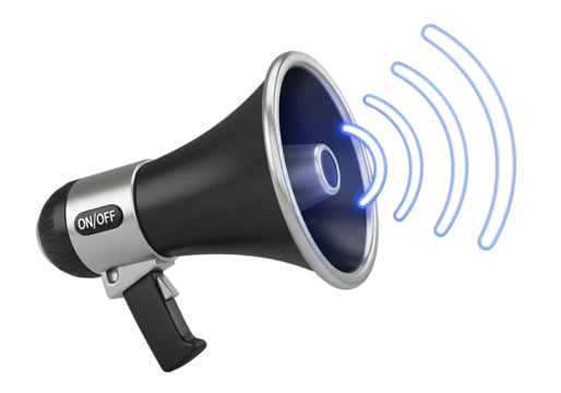 3d illustration of a black and silver megaphone with blue sound waves emanating from it, isolated on transparent background on transparent background