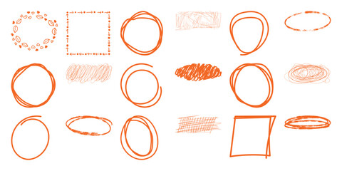 Collection of Hand-Drawn Orange Shapes and Scribbles on White Background