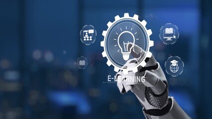 A futuristic robot hand interacts with digital icons representing e-learning technology in a modern office. This image showcases innovation in education and digital interaction. Synapse - Powered by Adobe