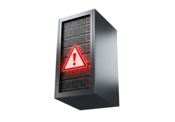 3d illustration of a modern computer server tower with a glowing red warning triangle symbol on its front panel, isolated on transparent background on transparent background