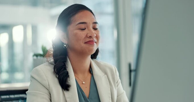 Hands, typing and woman with computer, office and financial report on website, data entry and flare. Reading, info and person with tech for budget analysis, plan and accountant with project or online