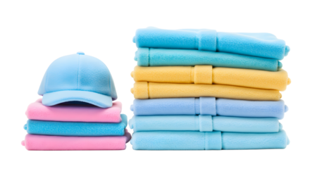 BABY TOYS - Stack of neatly folded colorful towels and a blue cap on a white background, perfect for laundry or home organization