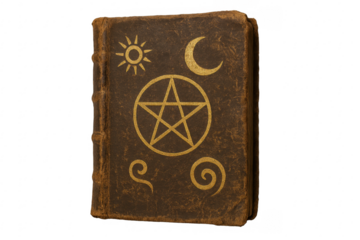 Old grimoire book with alchemy symbols, transparent background
