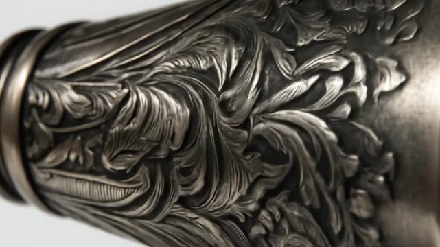 Close-up of ornate silver metal with intricate floral and scrollwork engraving. Detailed antique decorative pattern texture.