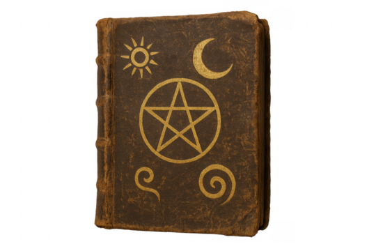 Old grimoire book with alchemy symbols, transparent background