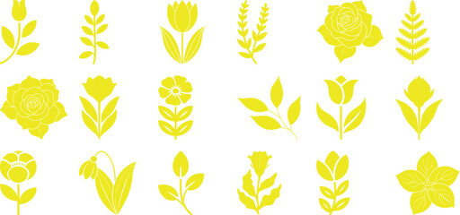Collection of Yellow Floral and Leaf Silhouettes on White Background