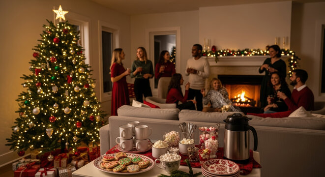 Group of diverse friends celebrating Christmas, gathering around a decorated tree and fireplace with food and drinks in a cozy living room.