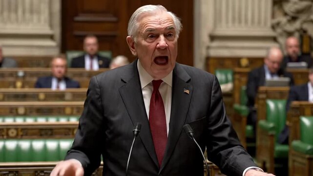 Elderly statesman delivering an impassioned speech from a podium in a legislative chamber. Male senator gesturing during a political session