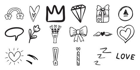 Hand-drawn doodle icons: hearts, rainbow, crown, gift, and more