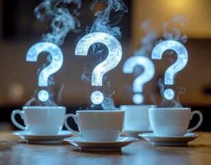 Creative Concept of Steaming Coffee Cups with Glowing Question Marks Symbolizing Curiosity and Ideas