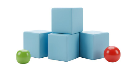 Obraz premium BABY TOYS - Stack of four blue wooden blocks with green and red apples on a white background, perfect for educational and children's learning materials
