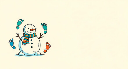 Fototapeta premium Snowman with colorful footprints and copy space for winter design 