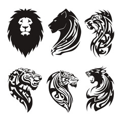 Fototapeta premium Set of powerful tribal big cat head vector illustrations featuring fierce lion and tiger designs for tattoo art, strength, and courage.