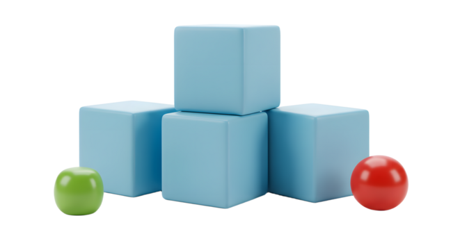 BABY TOYS - Stack of four blue wooden blocks with green and red apples on a white background, perfect for educational and children's learning materials