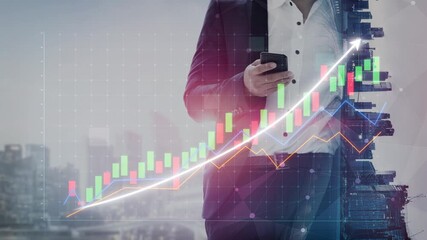 Businessman in a formal suit closely examines a smartphone amid a stock market graph overlay, symbolizing financial growth and investment opportunities in a modern city. Copula - Powered by Adobe