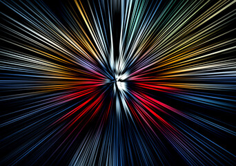 Obraz premium Abstract radial zoom blur, multicolored light rays in red, blue, yellow and white bursting from the center on deep black background. Dynamic speed effect, futuristic energy backdrop.
