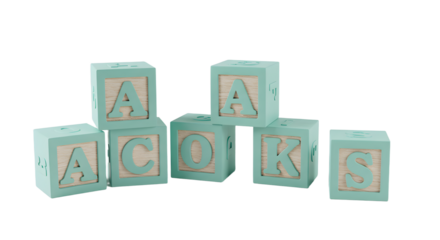 BABY TOYS - Wooden alphabet blocks with letters A, C, K, O, and S in pastel blue and beige, isolated on white background, perfect for educational and children's decor