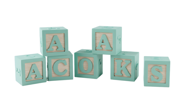 BABY TOYS - Wooden alphabet blocks with letters A, C, K, O, and S in pastel blue and beige, isolated on white background, perfect for educational and children's decor