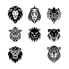Fototapeta premium Stylized Black Lion Head Emblems and Icons Vector Illustration Set, Dynamic Roaring Feline Silhouettes for Design Elements