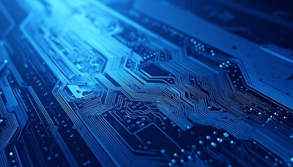 Abstract visualization of an electronic circuit board illuminated in deep blue tones. The glowing paths symbolize data transmission, neural networks, and futuristic digital communication. 
