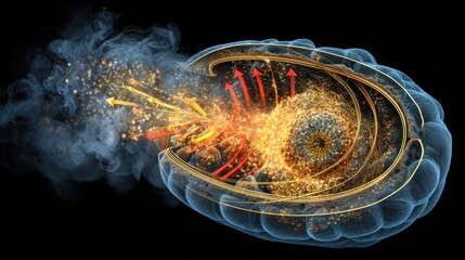The protective effects of lithium in a neuron's mitochondria. A healthy, robust mitochondrion is surrounded by lithium ions (as a golden aura). 